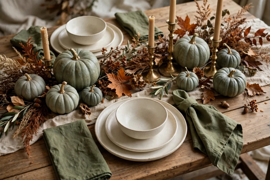 Fall dining table styled with olive green napkins