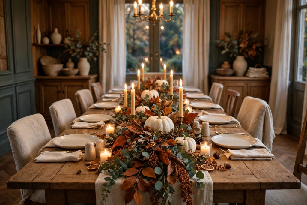 Eucalyptus and rust garland down a fall dining table
