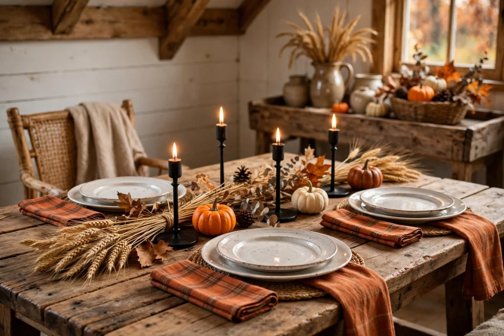 Rustic farmhouse fall dining table with plaid napkins