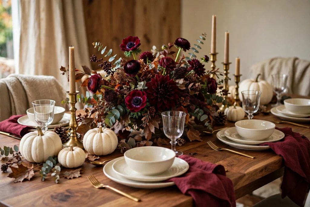 Burgundy and brass fall tablescape