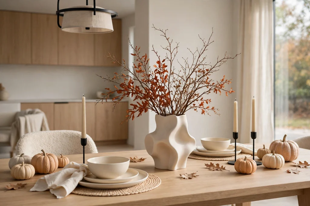 Modern minimal fall dining table with ceramic vase