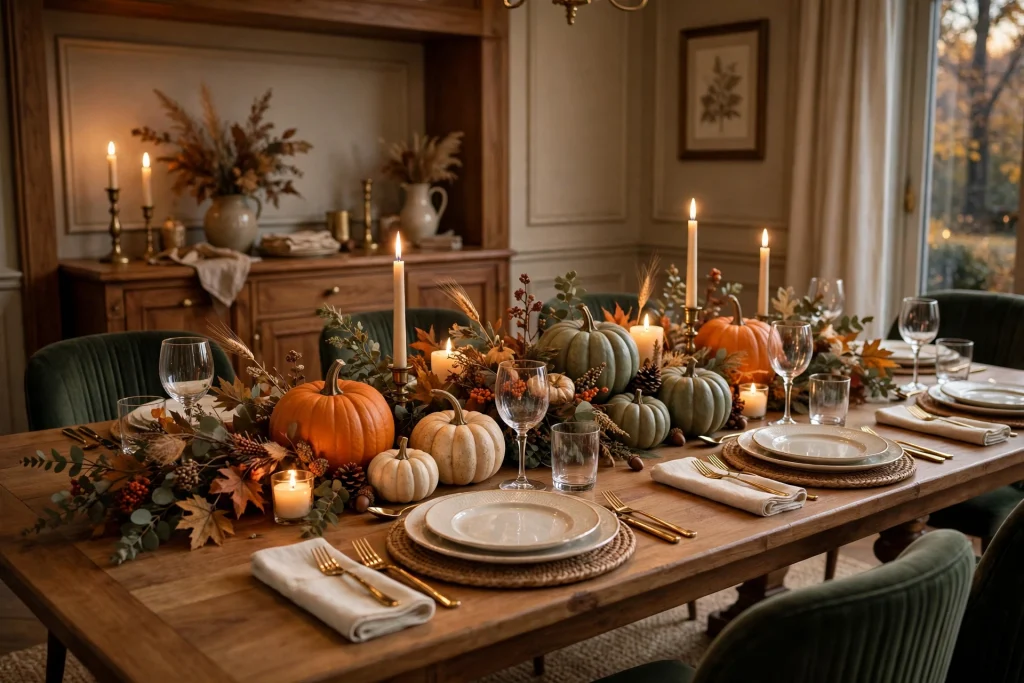 Classic fall dining table with pumpkins, candles and foliage
