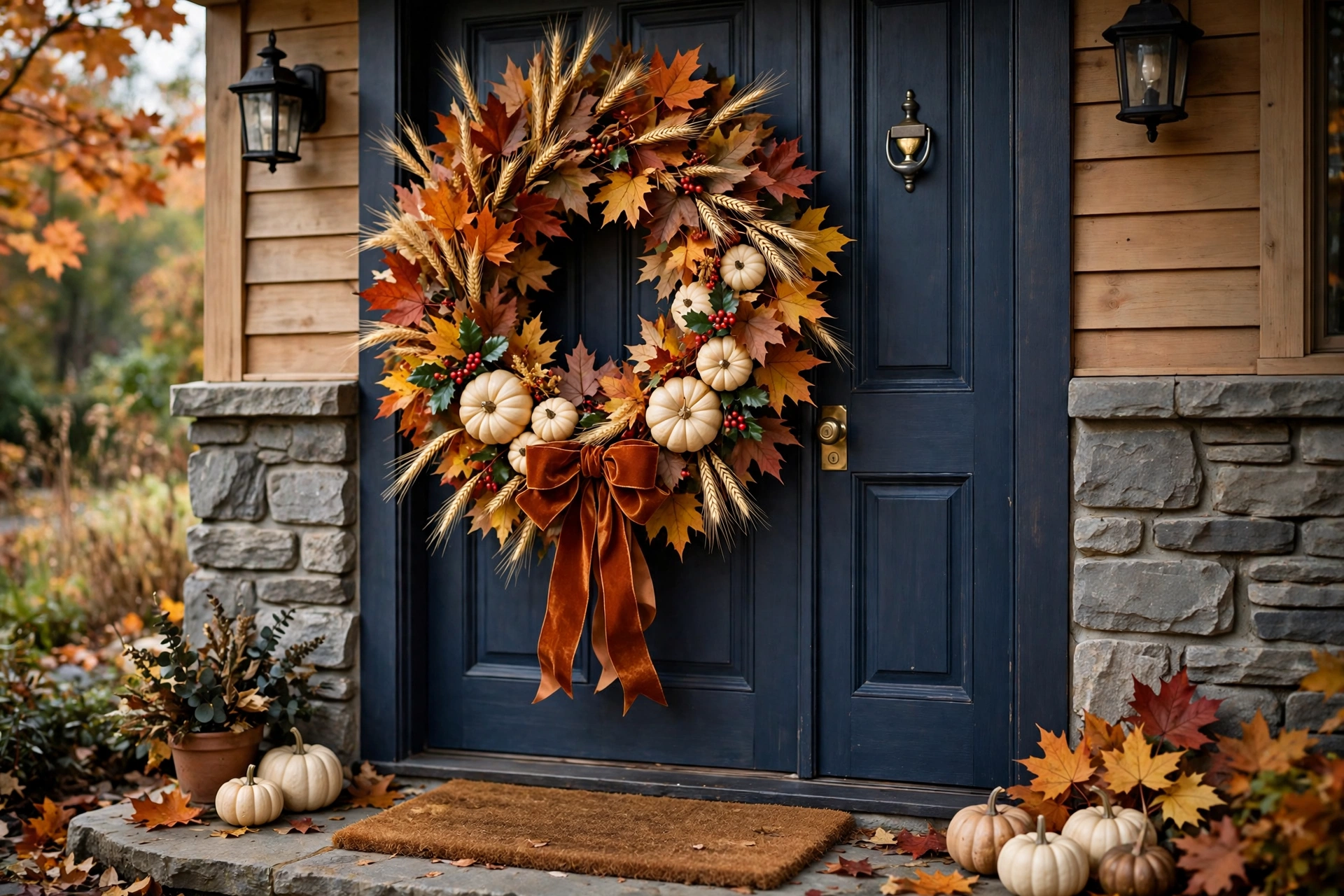 Bold autumn wreath with dried maple leaves, wheat stalks, burgundy berries and cream mini pumpkins on a front door