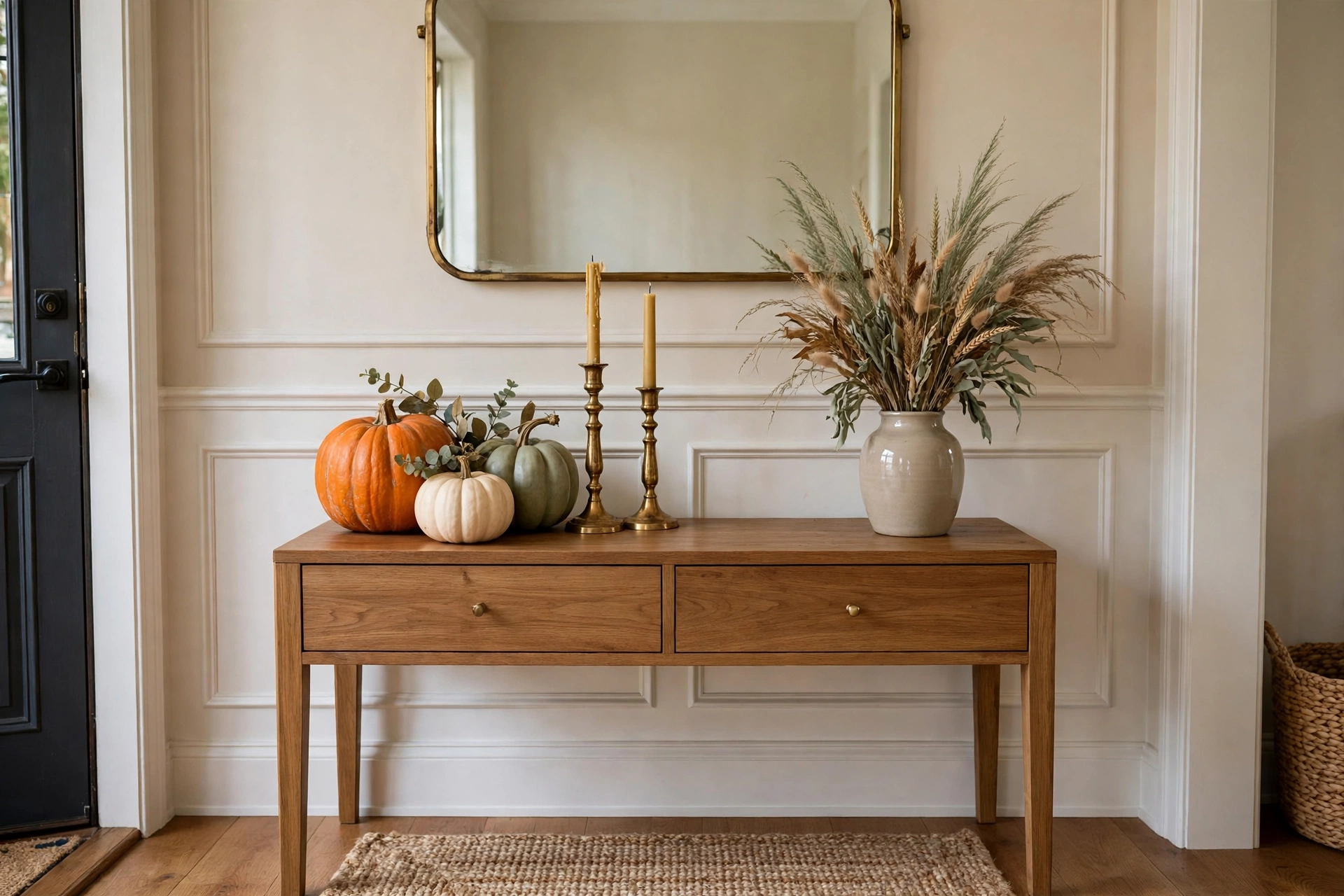 Fall console table styled with pumpkins in three sizes and brass candles