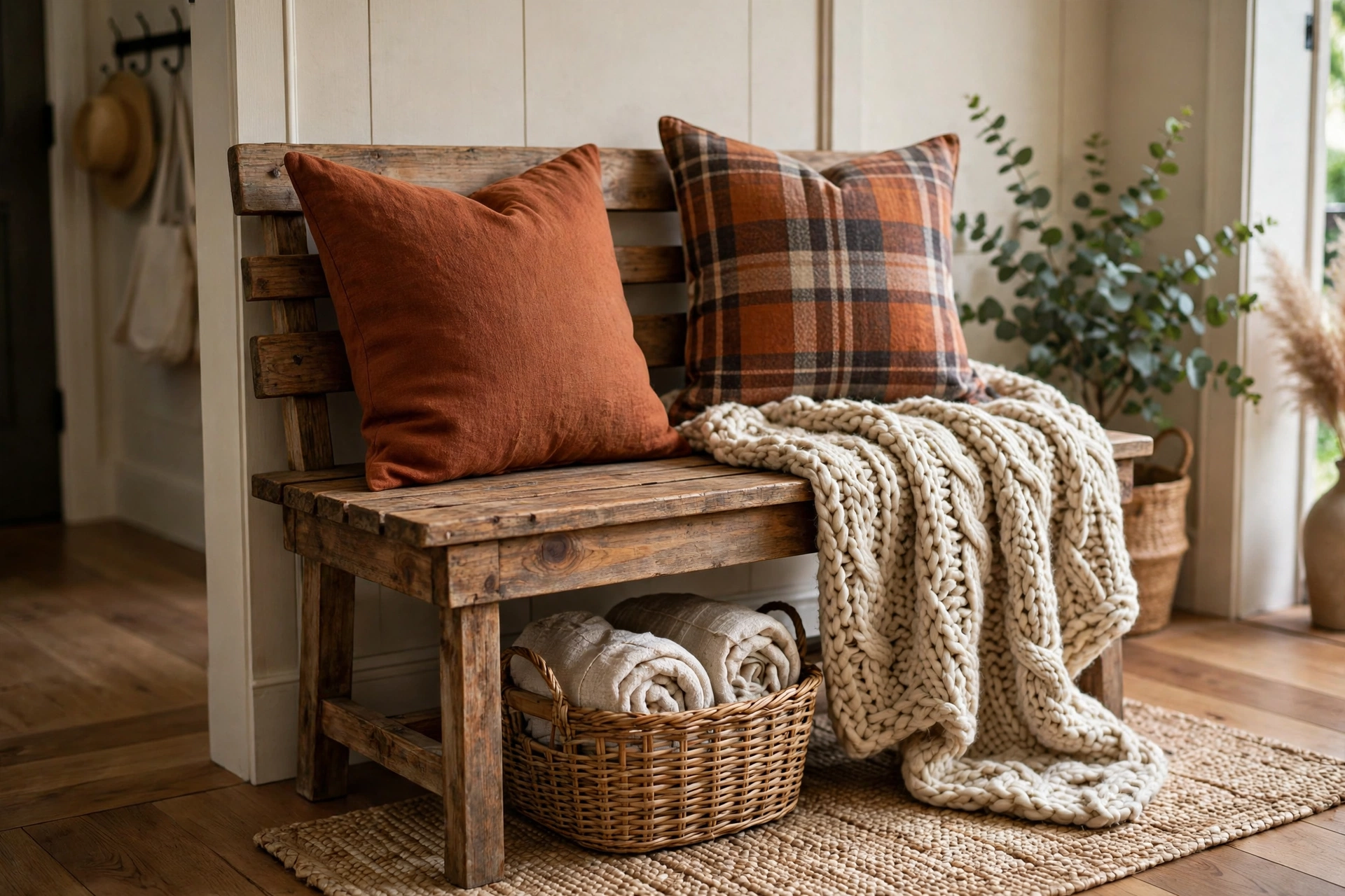 Cozy entryway bench with rust and plaid fall pillows and a chunky knit throw