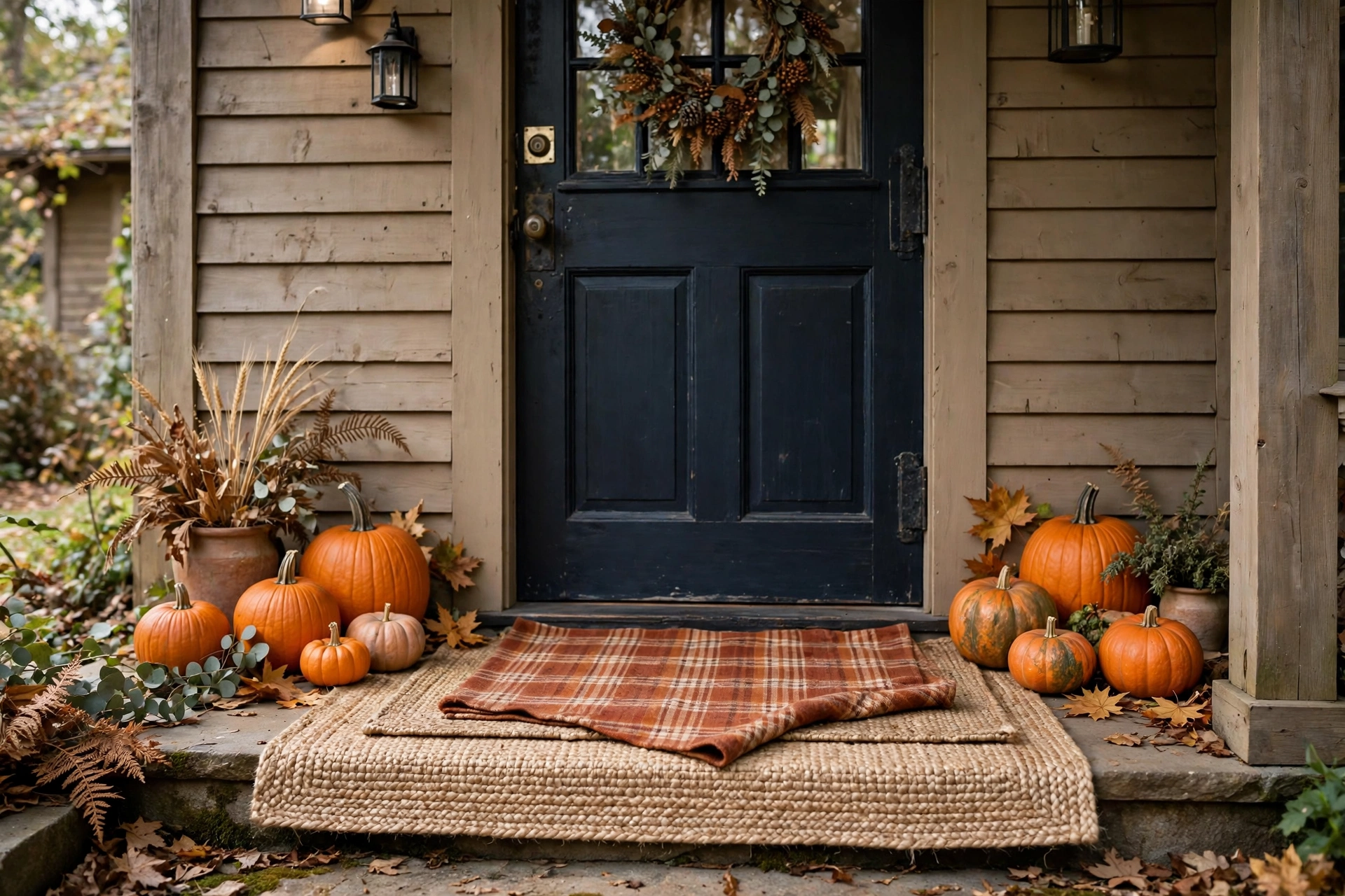 Layered warm welcome rug with natural-fiber rug and patterned fall doormat in an entryway