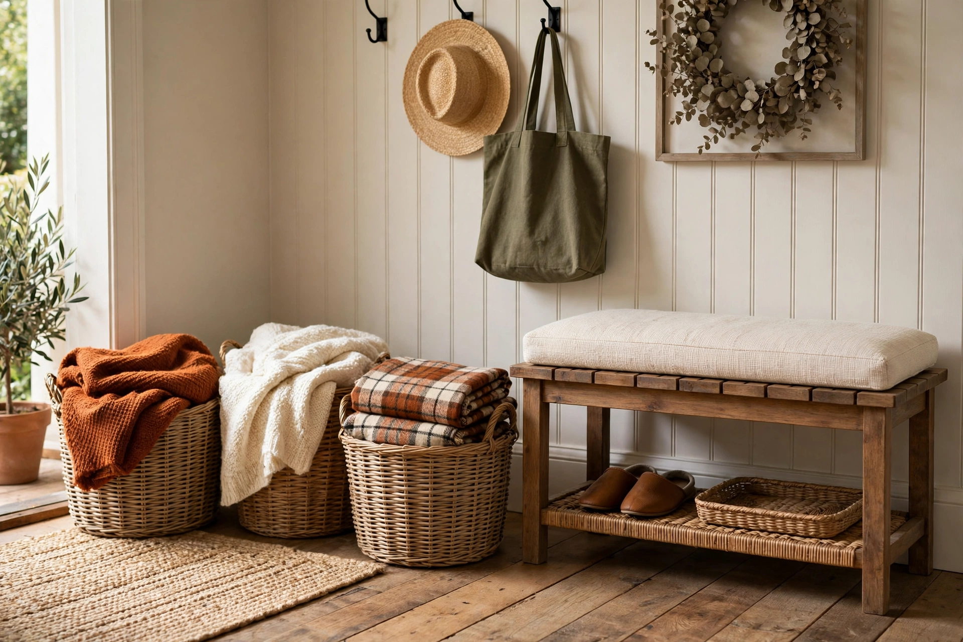 Woven baskets by the door filled with rust, cream, mustard and plaid fall throws