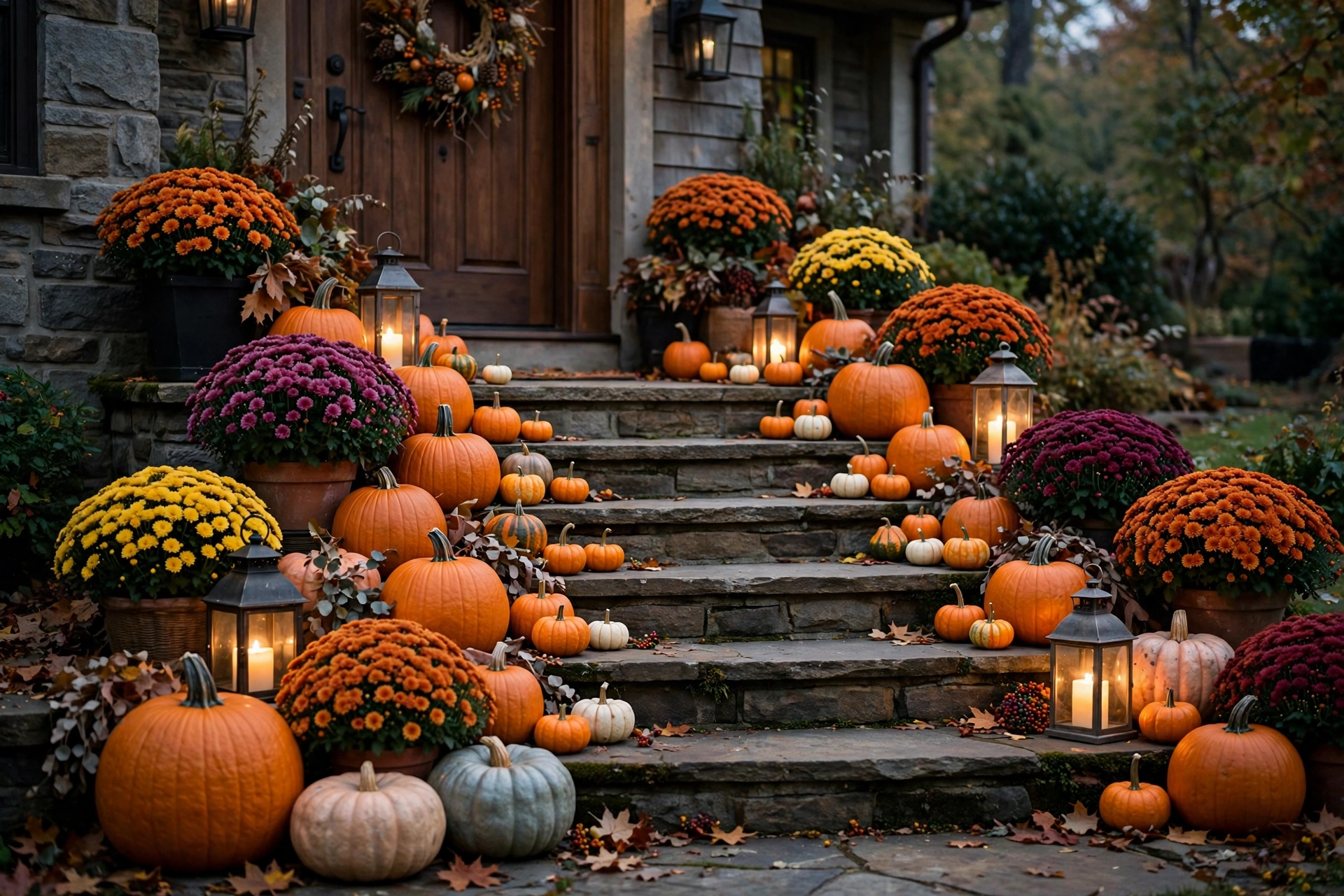 Pumpkin staircase on entry steps with graduated pumpkins, lanterns and mums
