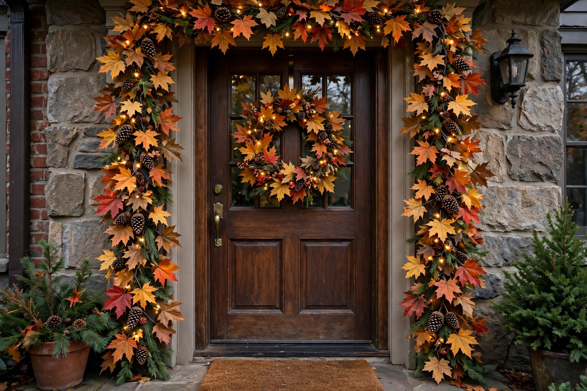 Fall garland with maple leaves, pinecones and warm fairy lights around a door frame