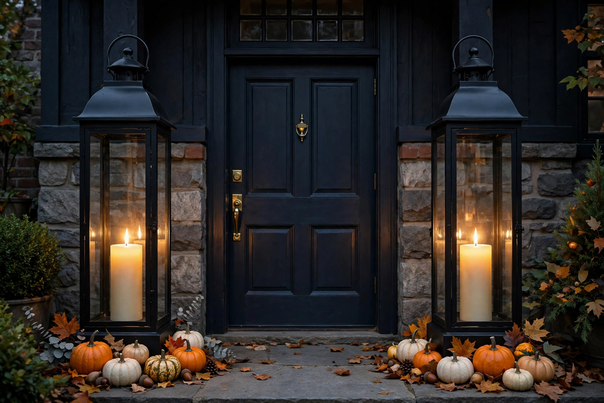 Tall lanterns with warm candlelight flanking a fall entryway door