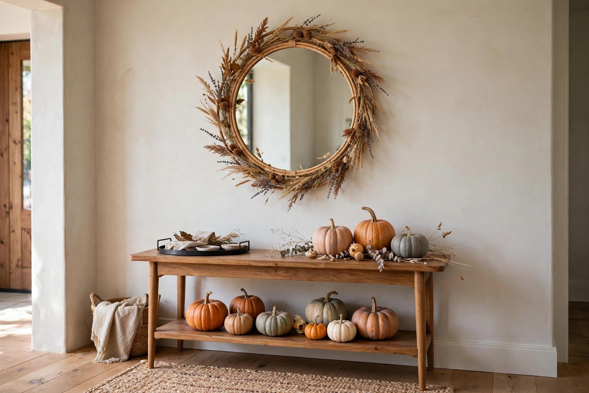Round entryway mirror styled with a small fall wreath above a console table
