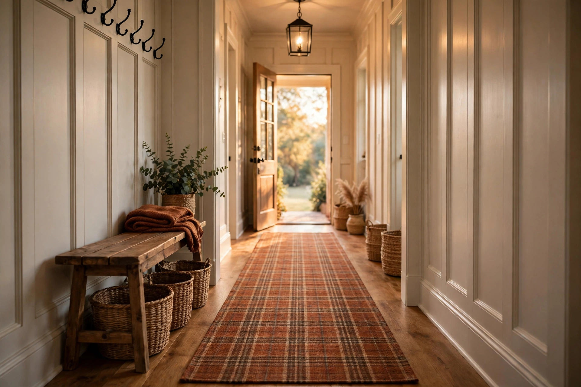 Rust and plaid hallway runner in a fall entryway with a bench and basket