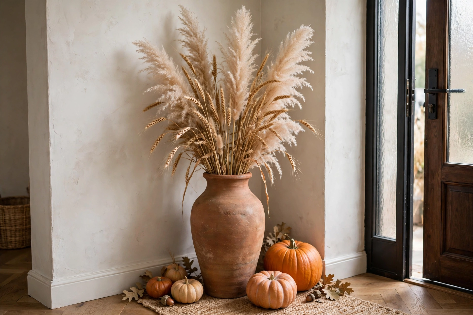 Tall vase with dried pampas grass, wheat stalks and eucalyptus in an entryway corner