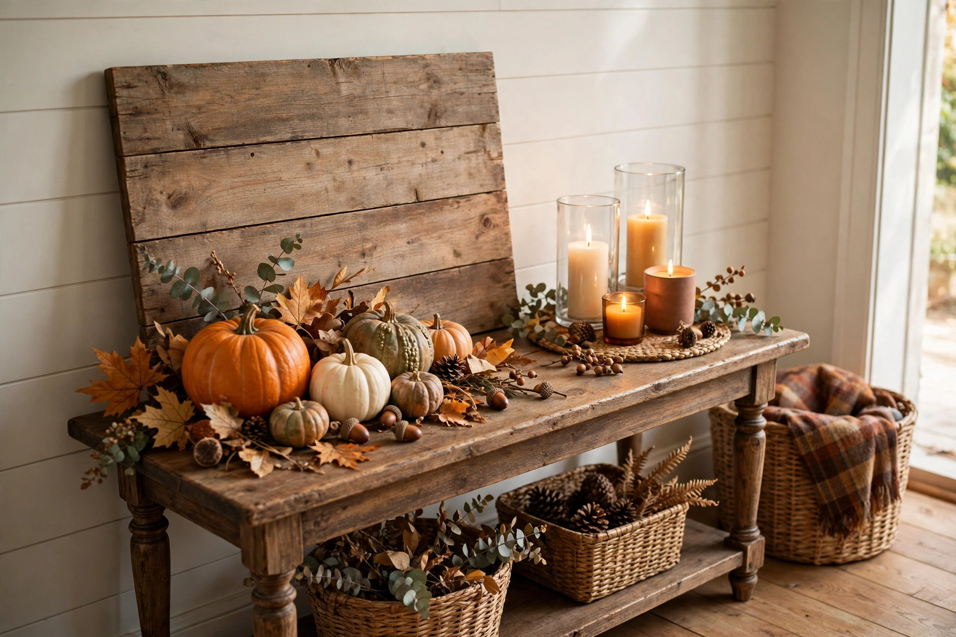 Seasonal wooden fall sign with a warm welcome message in an entryway