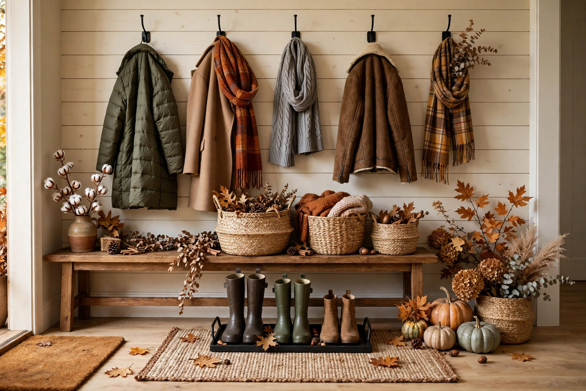 Tidy fall shoe and coat station with boot tray, wall hooks and key tray