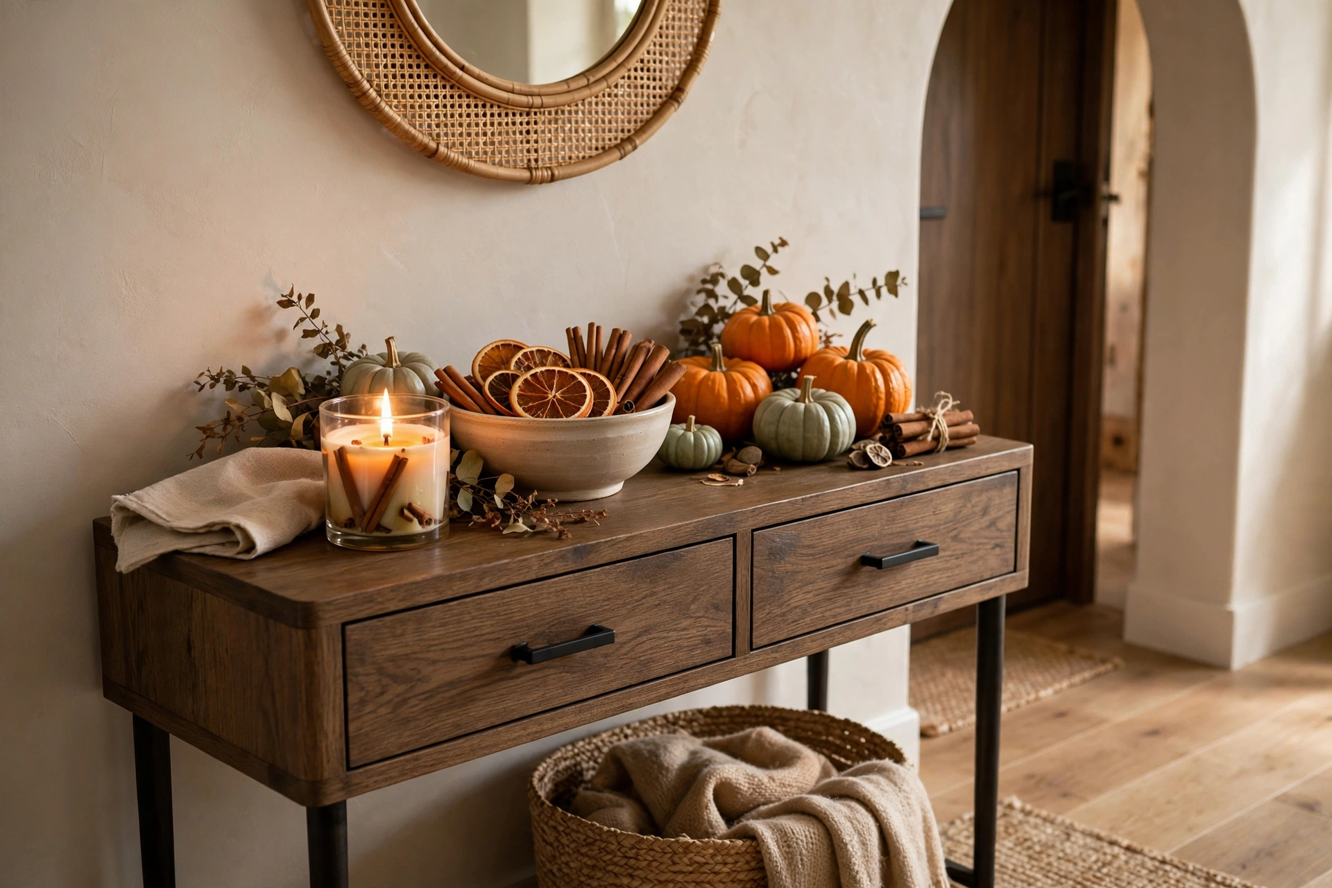 Scented fall touch with cinnamon candle, dried orange slices and cinnamon sticks in an entryway