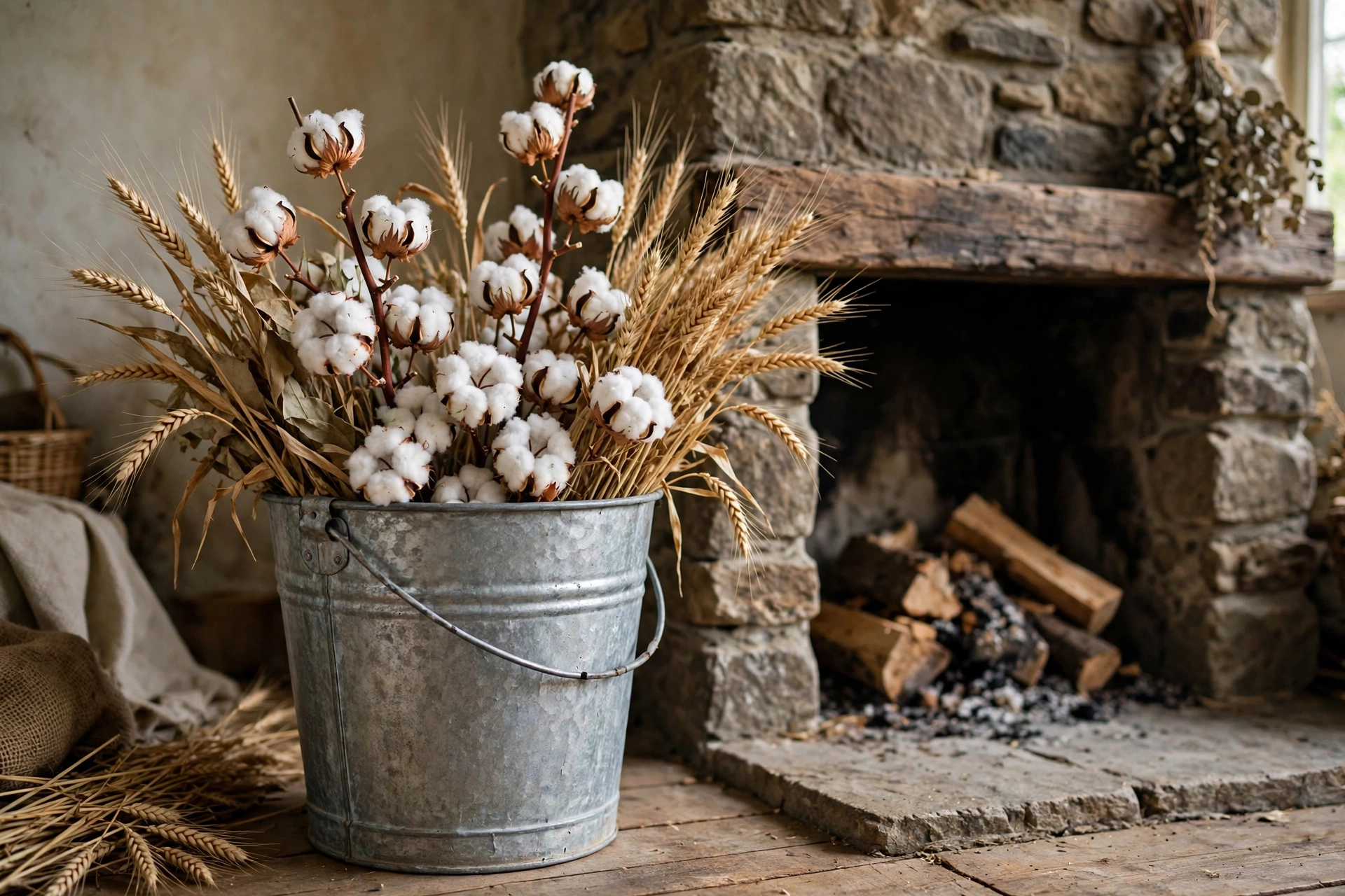 2. Fill a Galvanized Bucket With Cotton Stems