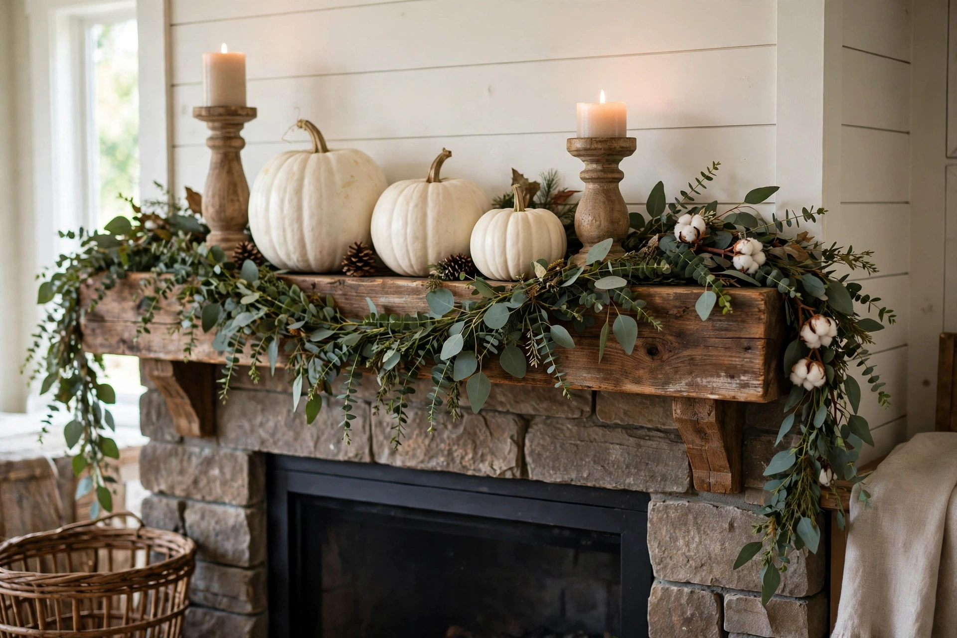 5. Style the Mantel With White Pumpkins and Candles