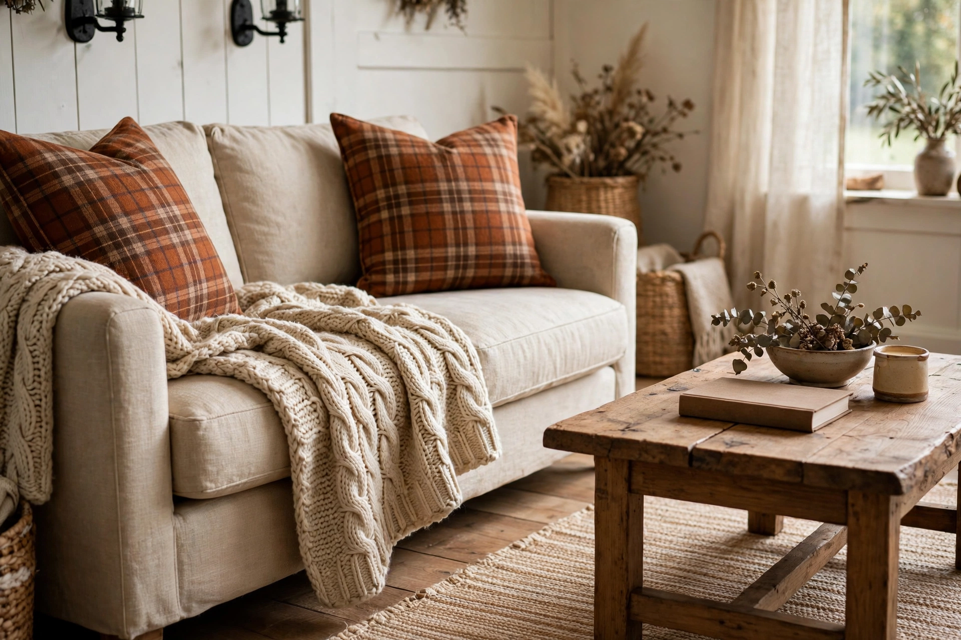 6. Add Plaid Throw Pillows to the Sofa