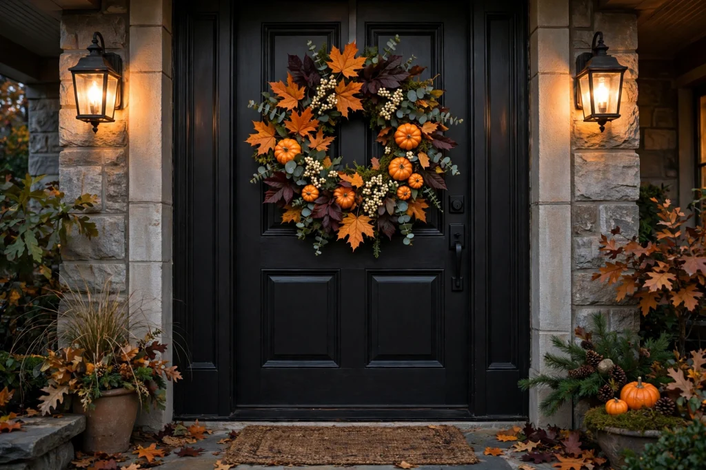 Autumn wreath with maple leaves and berries on a black front door