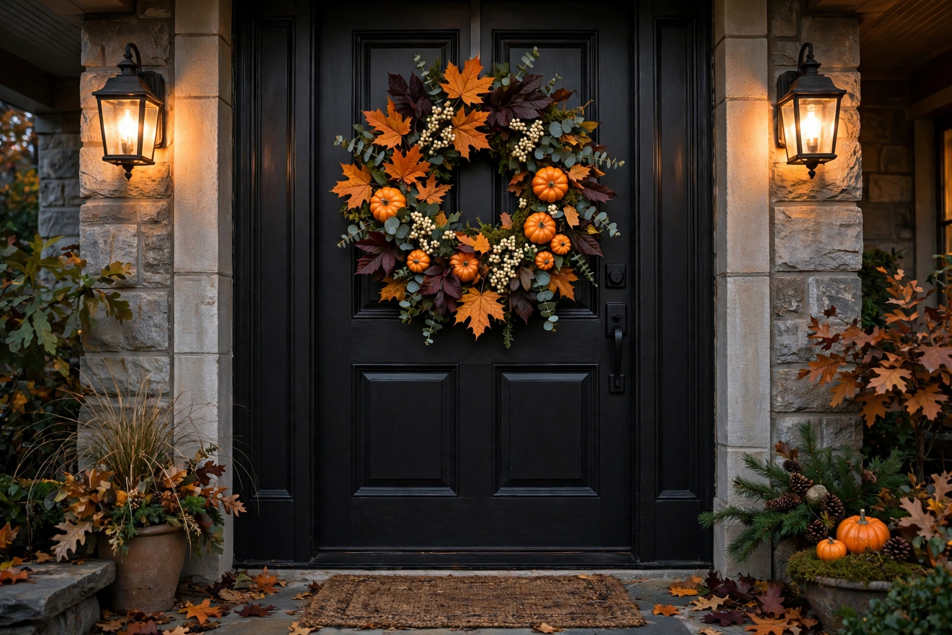 Autumn wreath with maple leaves and berries on a black front door