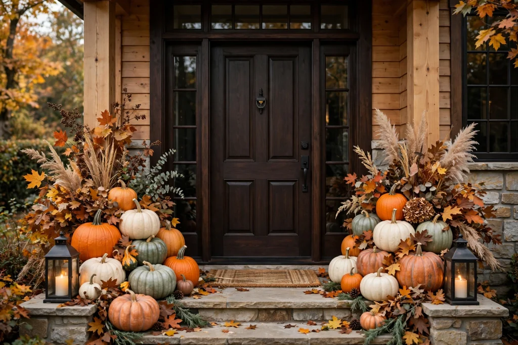 Fall front entrance framed with orange and cream pumpkins