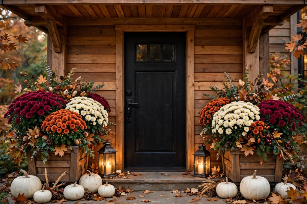 Front door with large pots of burgundy and orange fall mums
