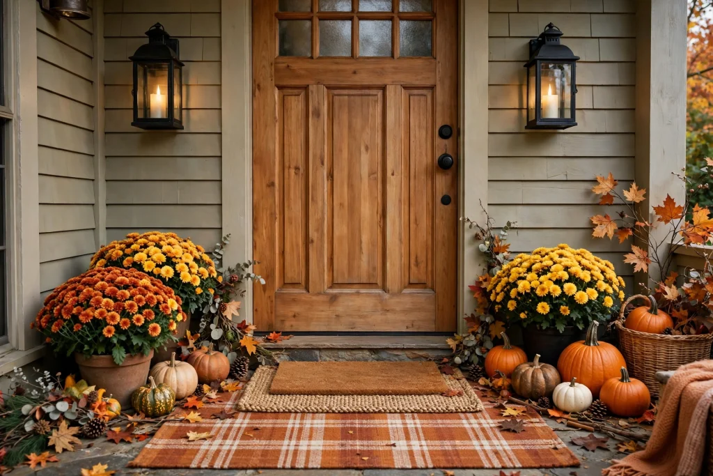Layered doormat and plaid rug at a fall front entrance