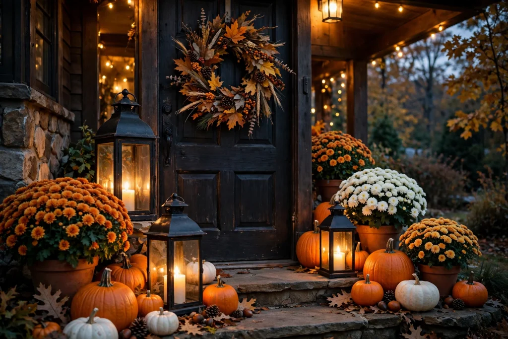 Glowing lanterns beside a fall front door at dusk