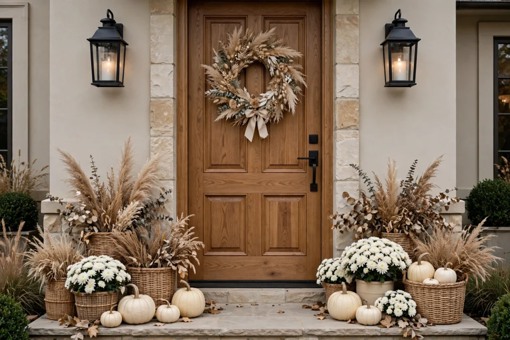 Neutral fall front door with cream pumpkins and dried grasses
