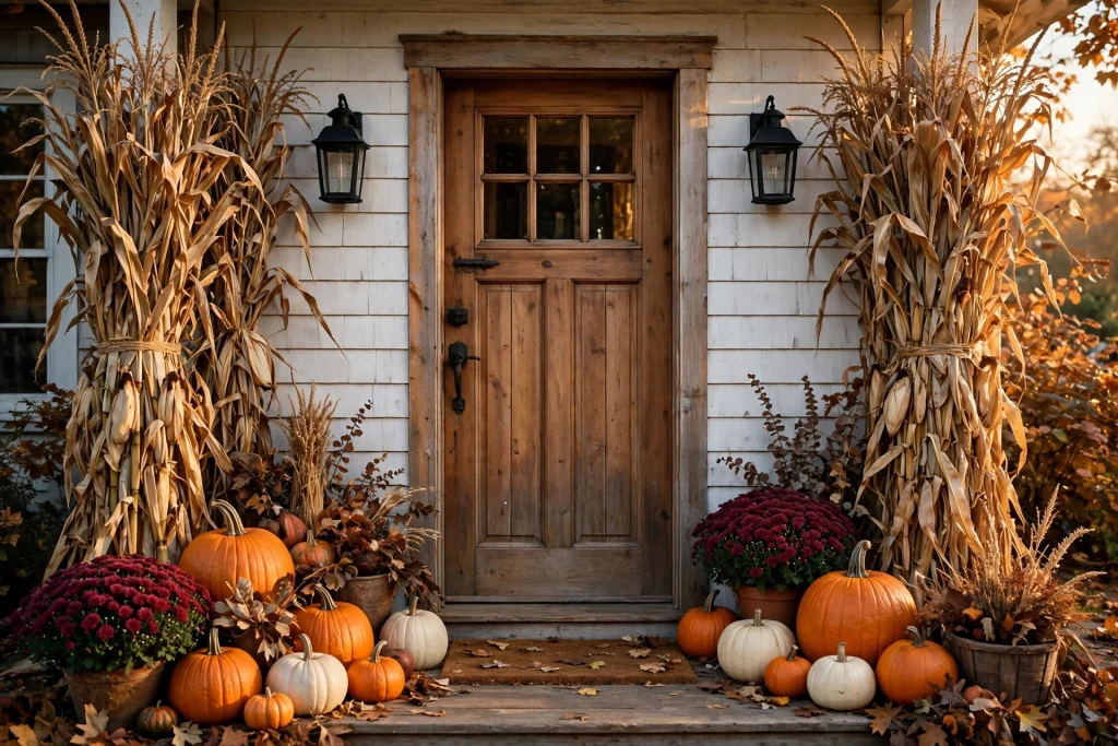 Farmhouse front door framed with corn stalk bundles