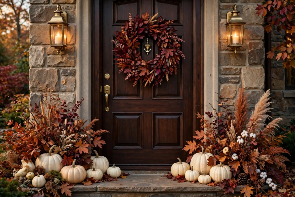 Burgundy and rust fall wreath on a dark wood front door