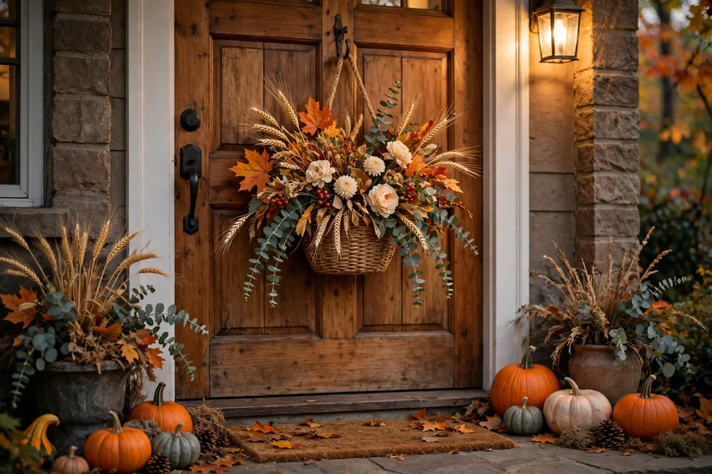 Fall door basket with wheat and berries on a wooden door
