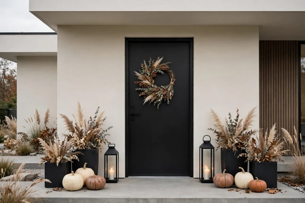 Modern minimalist fall front door with black planters