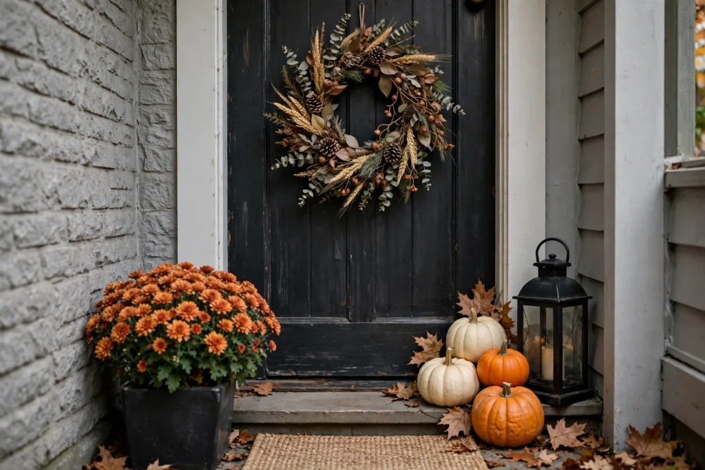 Small fall front entrance with wreath and rust mums