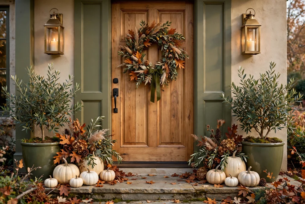 Olive green and cream fall front door styling