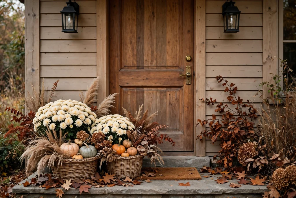 Woven baskets with mums and pumpkins at a fall entrance