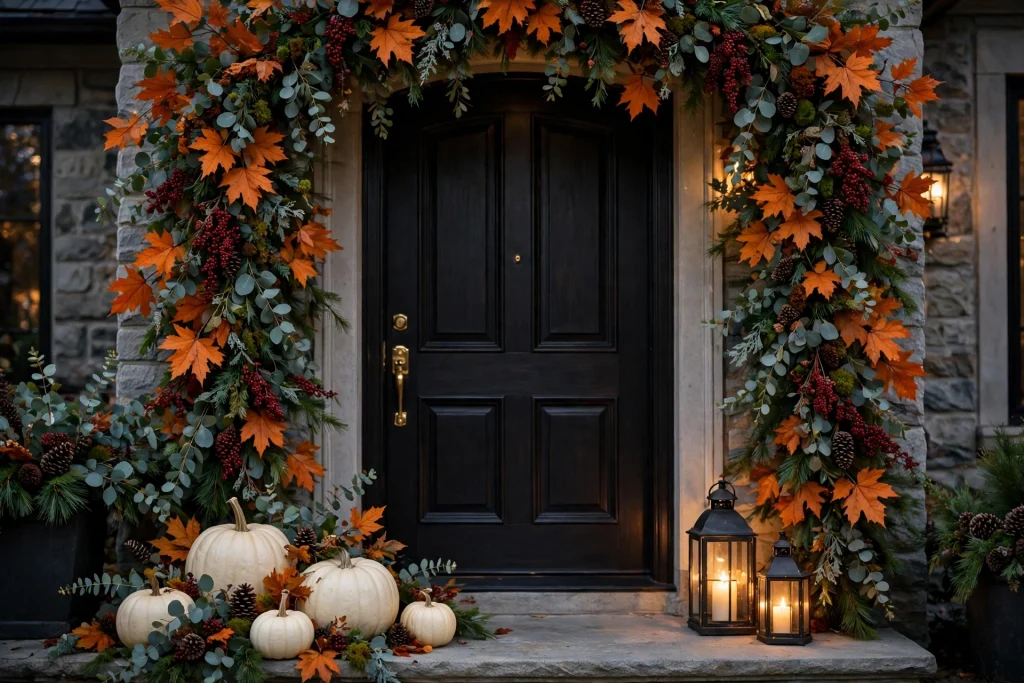 Fall garland framing a front door with pumpkins and lanterns