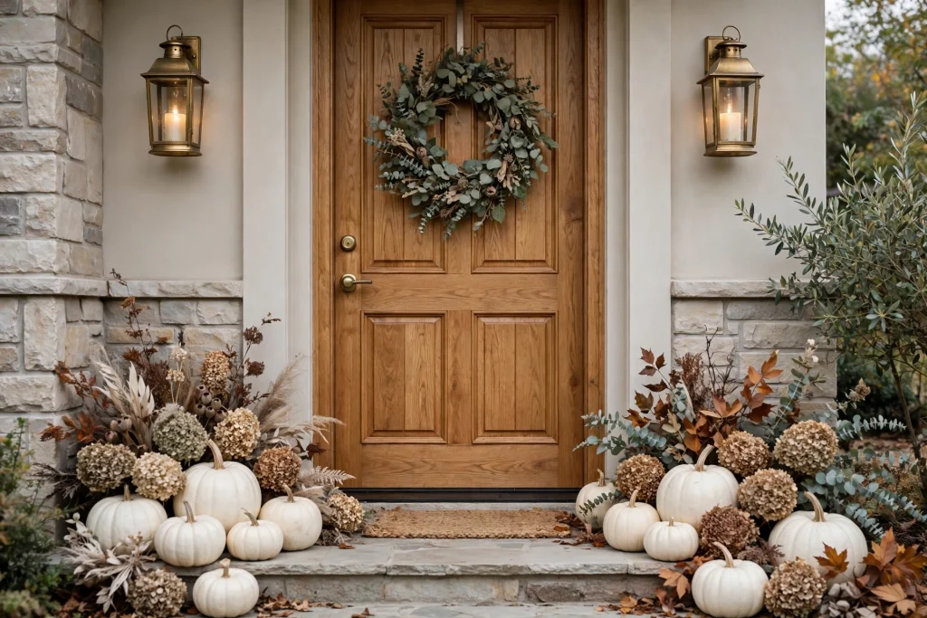 White pumpkins and eucalyptus wreath at a neutral fall entrance