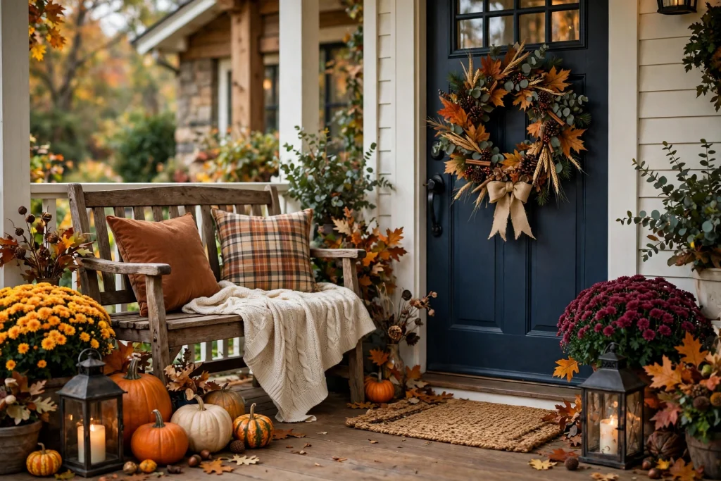 Wooden bench with fall pillows beside a front door