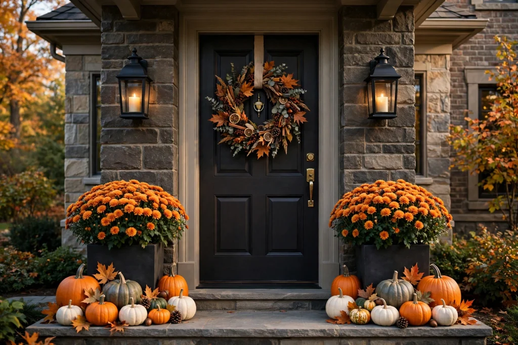 Symmetrical fall front entrance with matching planters and lanterns