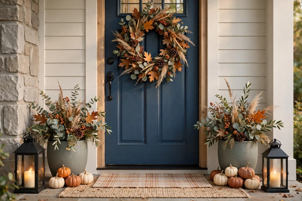 Simple welcoming fall front door with wreath and planters