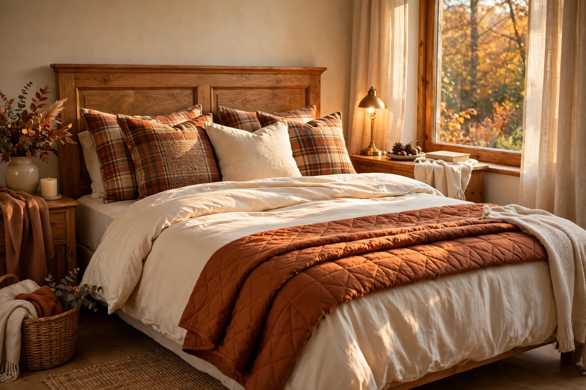 Guest bed layered with rust and cream fall bedding, plaid pillows and a quilt