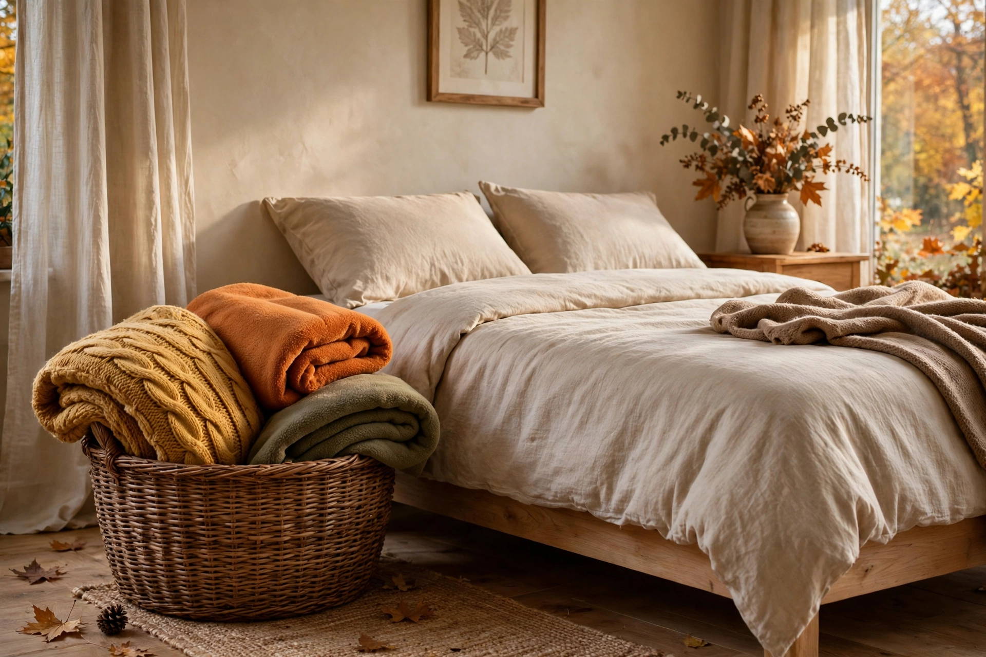Woven basket of folded extra blankets beside a guest bed
