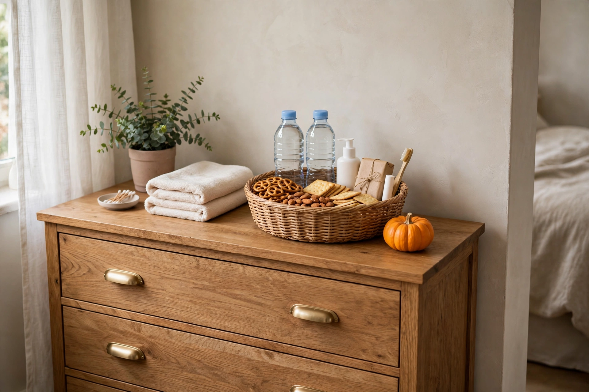 Welcome basket with water, snacks and toiletries on a guest room dresser
