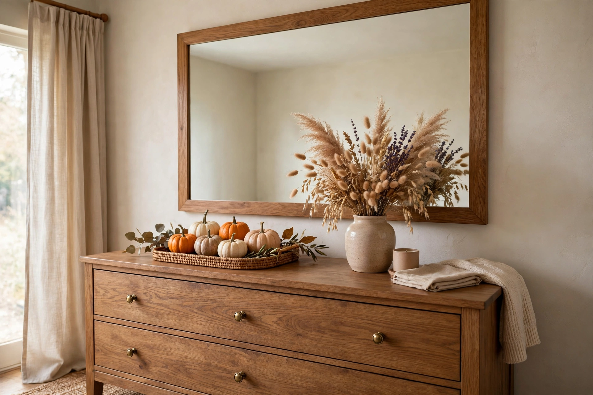 Mini pumpkins and dried foliage styled on a guest room dresser