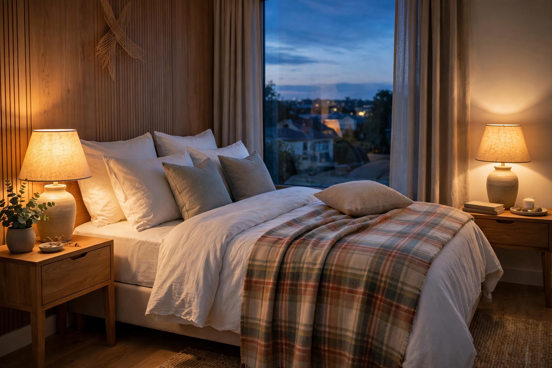 Warm bedside lamps glowing beside a guest bed in the evening