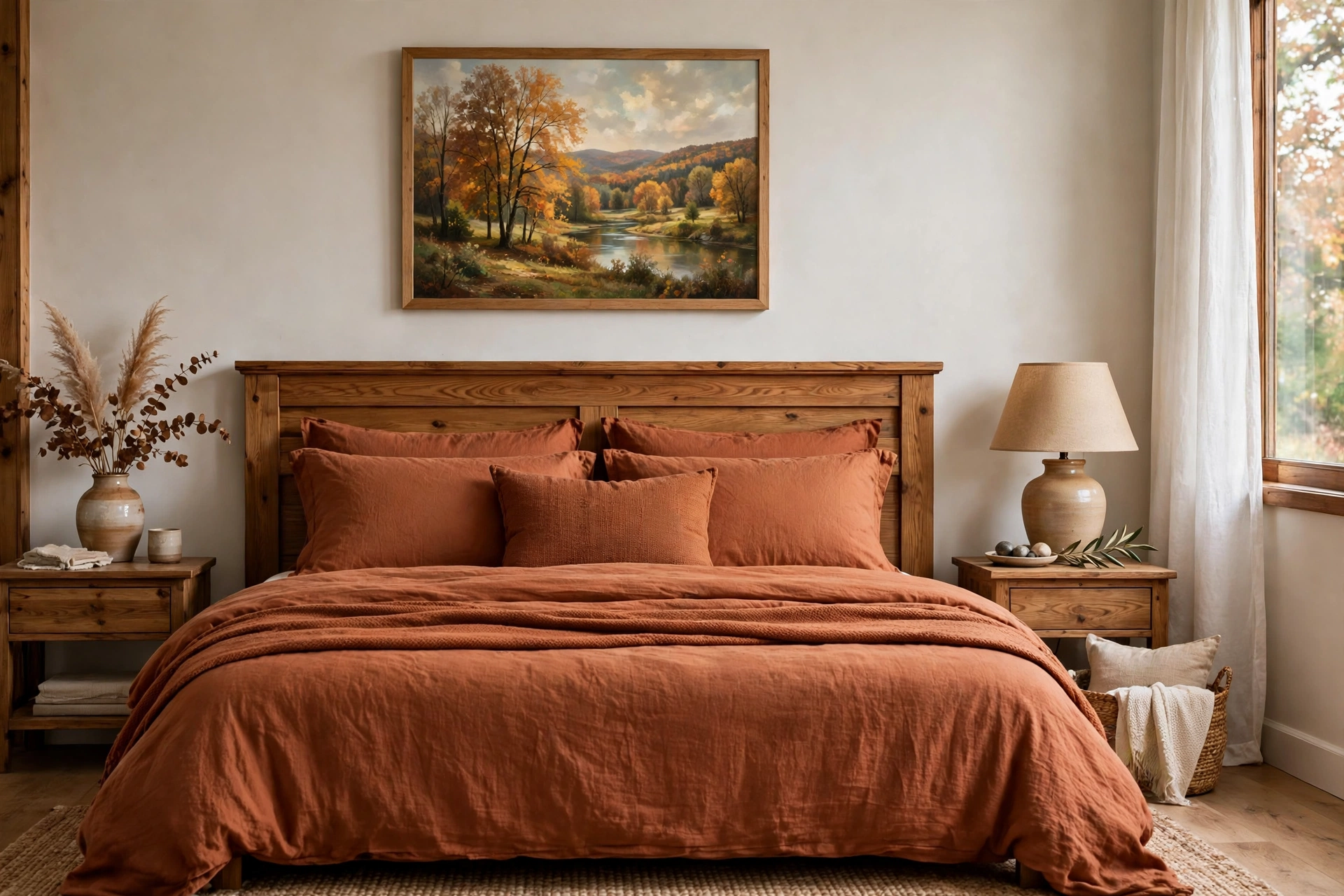 Autumn art print hanging above a guest bed