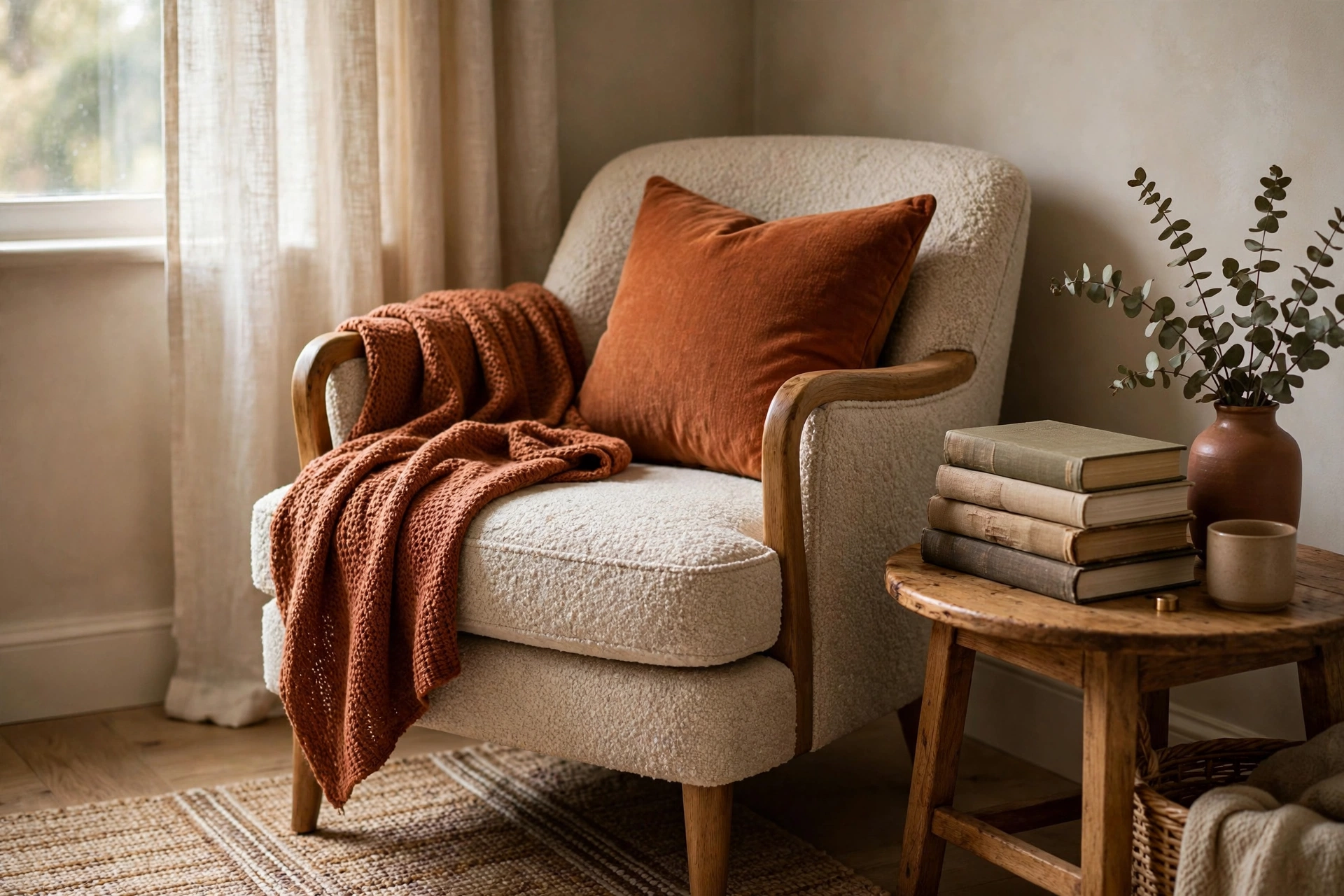 Cozy reading nook with an armchair, throw and lamp in a guest room