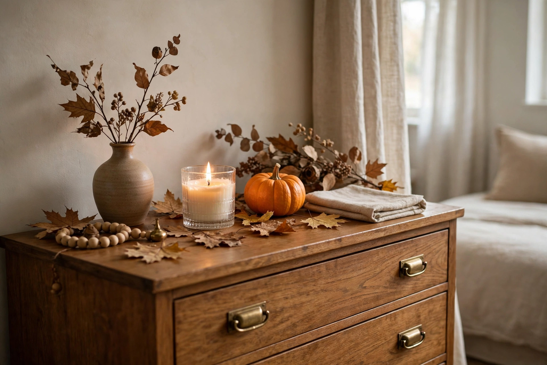 Fall-scented candle and diffuser on a guest room nightstand